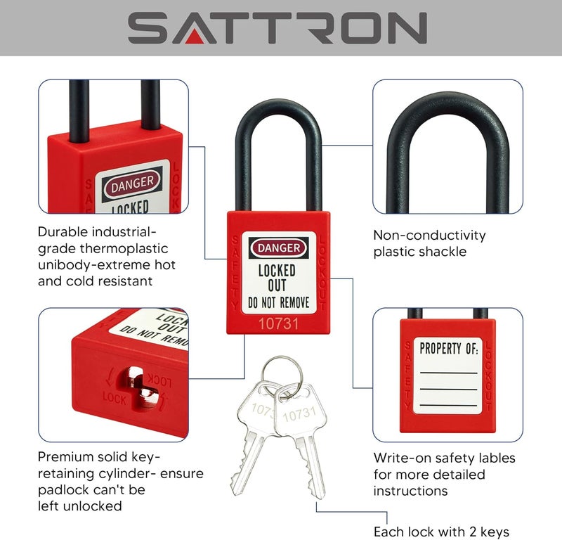 SATTRON Red Lockout Tagout Safety Padlock Kit 5-Pack, Nylon OSHA-Compliant Loto Locks with 2 Keys Per Lock& Warning Labels for Industrial Maintenance, Electrical/Mechanical Equipment (Keyed Differently) - Image 3
